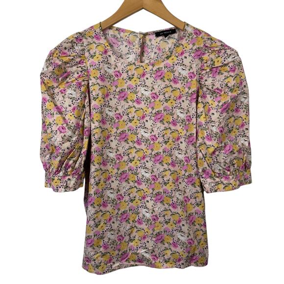En Saison Top Women M Pink Floral Puff Sleeve 100% Cotton Spring Modest Cottage - Picture 1 of 7
